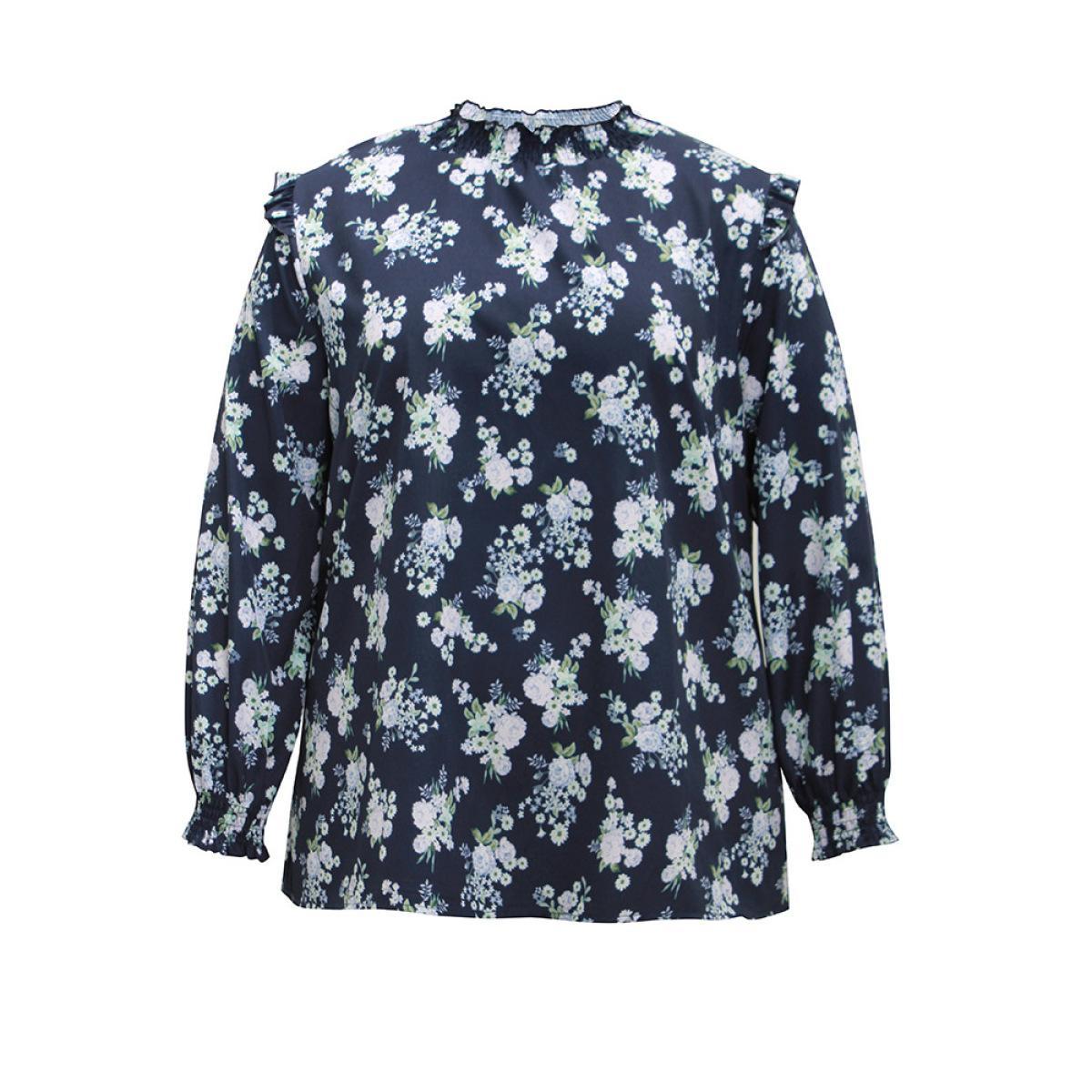 Plus Size Indigo Ruffle Trim Floral Print Shirred Blouse Women Elegant Long Sleeve Mock Neck Work Blouses BloomChic 12/L Product Image