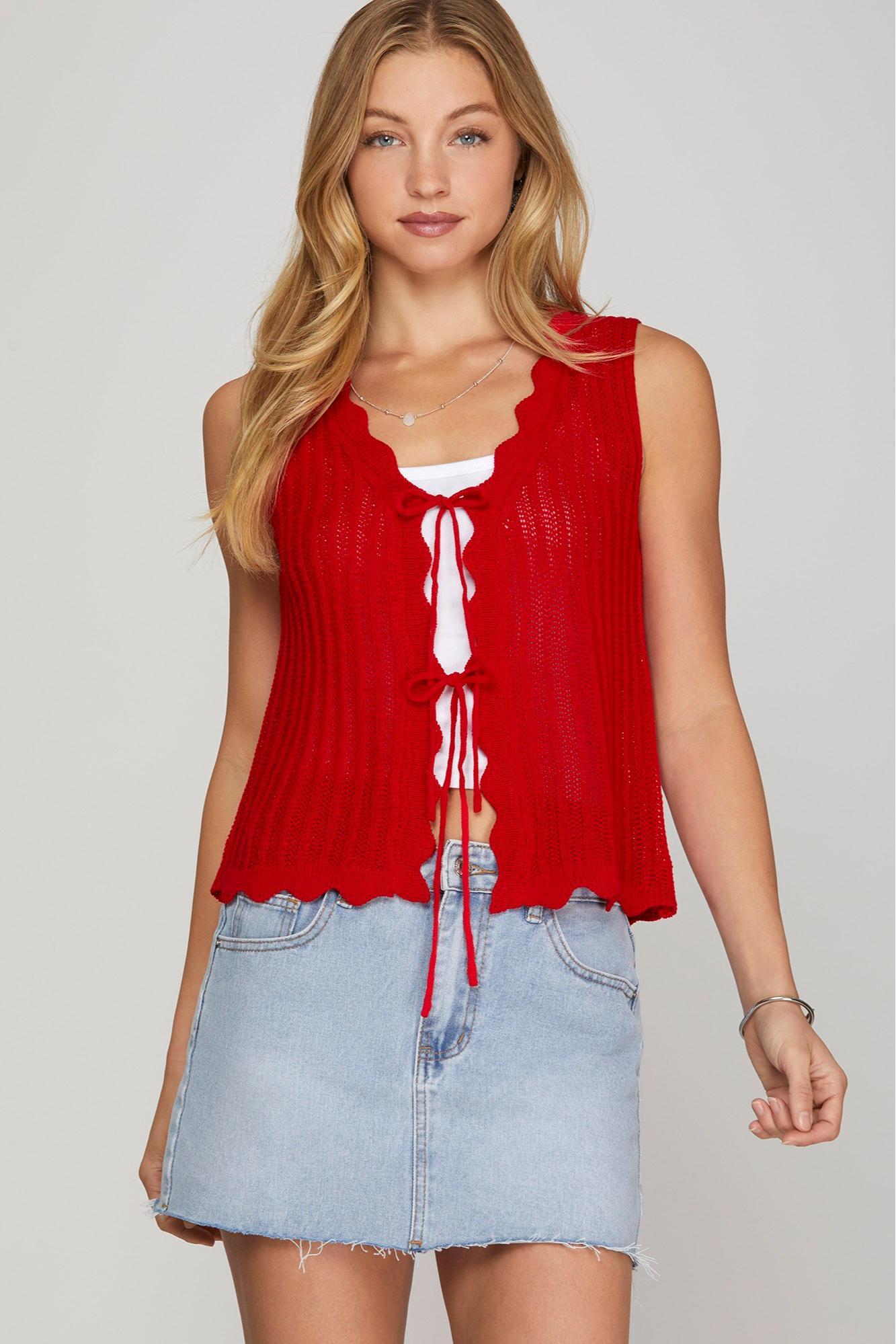 SLEEVELESS SCALLOP FRONT TIE SWEATER VEST Product Image
