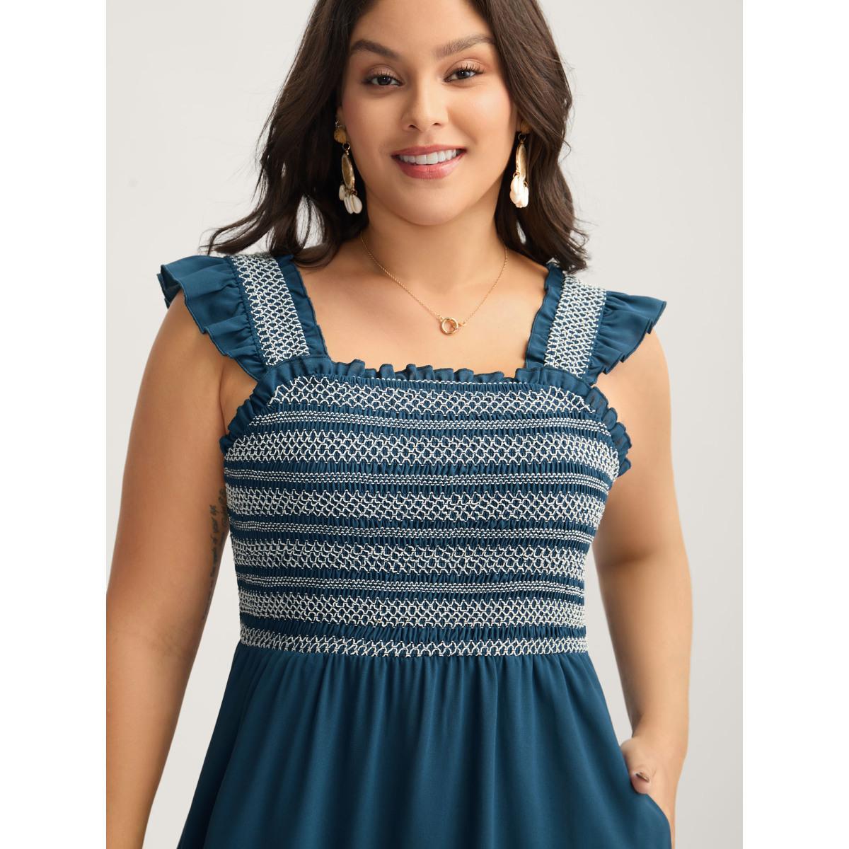 Plus Size Fancy Shirred Flutter Tiered Pockets Midi Dress Aegean Women Gathered Square Neck Sleeveless Curvy BloomChic 14-16/1X Product Image