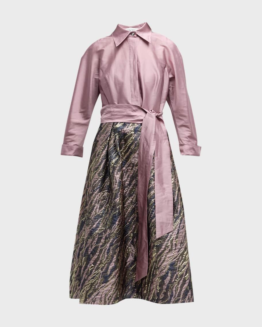 Belted Taffeta & Metallic Jacquard Midi Shirtdress Product Image