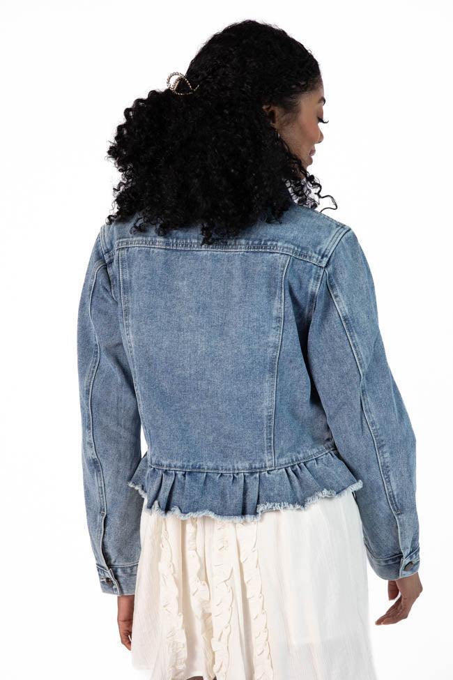 Denim Dreams Light Wash Peplum Detail Denim Jacket Product Image