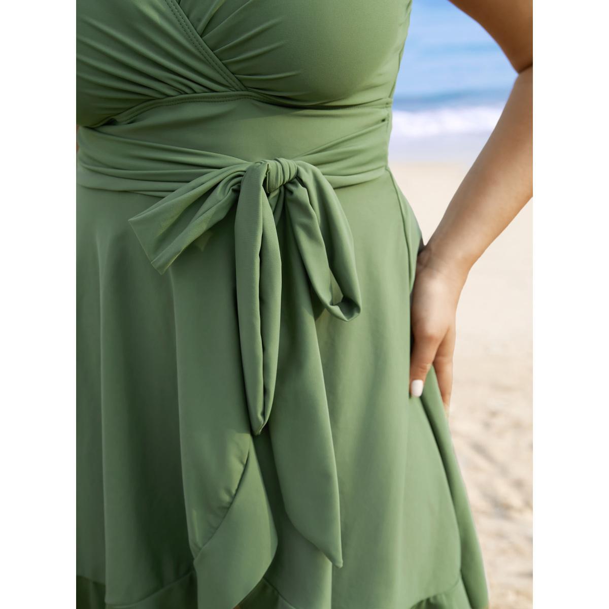 Plus Size Plain Ties Wrap Flutters Swim Dress Women's Swimwear Moss Beach Bodycon Overlap Collar High stretch Curve Swim Dresses BloomChic 18-20/2X Product Image