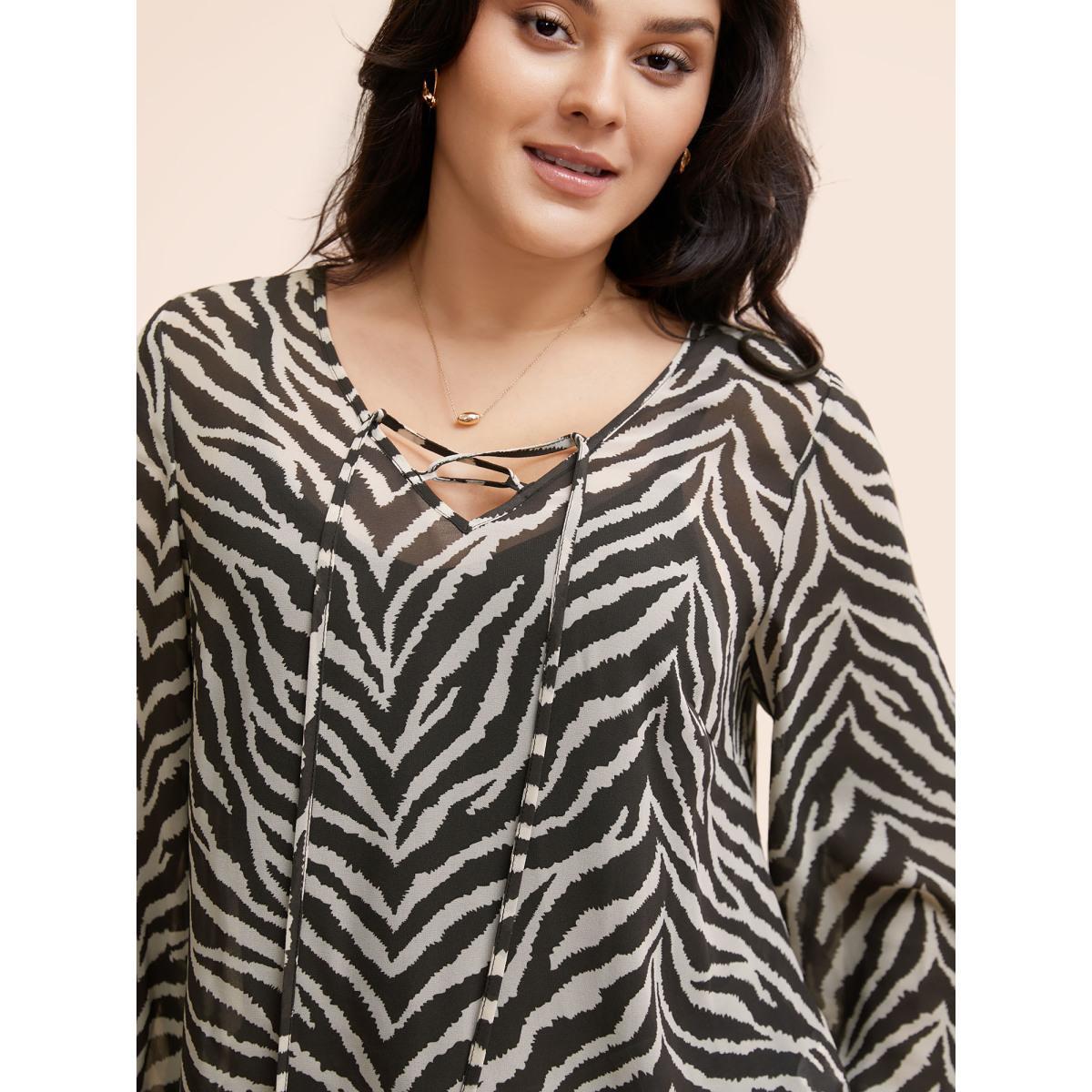 Plus Size Multicolor Zebra Print Lace Up Split Hem Blouse Women Elegant Long Sleeve V-neck Everyday Blouses BloomChic 28/5X Product Image