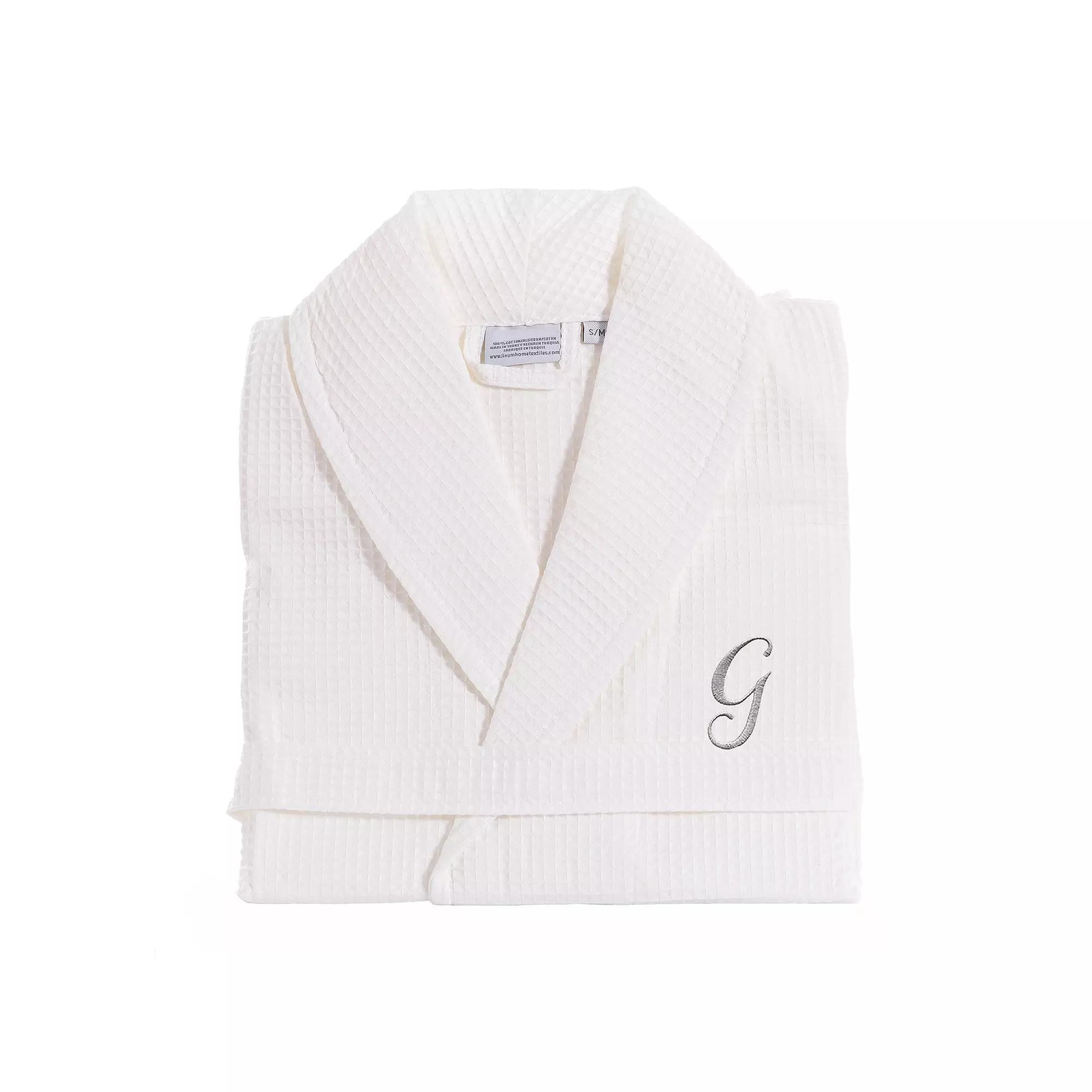 Linum Home Textiles Turkish Cotton Personalized Waffle Weave Bathrobe, Women's, Size: Small/Medium, White Gray J Product Image