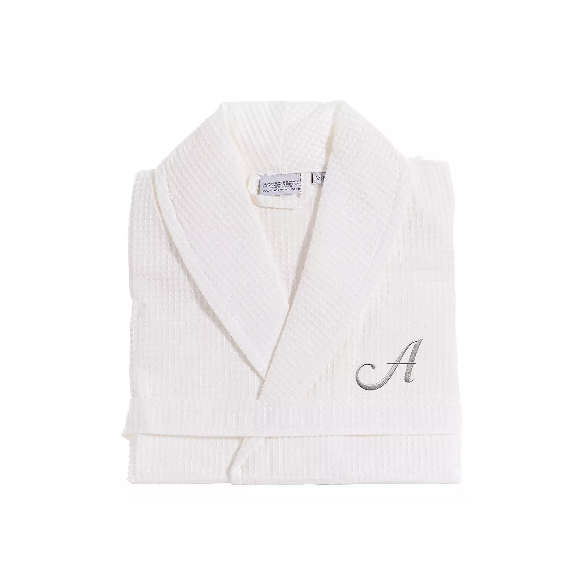 Linum Home Textiles Turkish Cotton Personalized Waffle Weave Bathrobe, Women's, Size: Large/XL, White Gray F Product Image