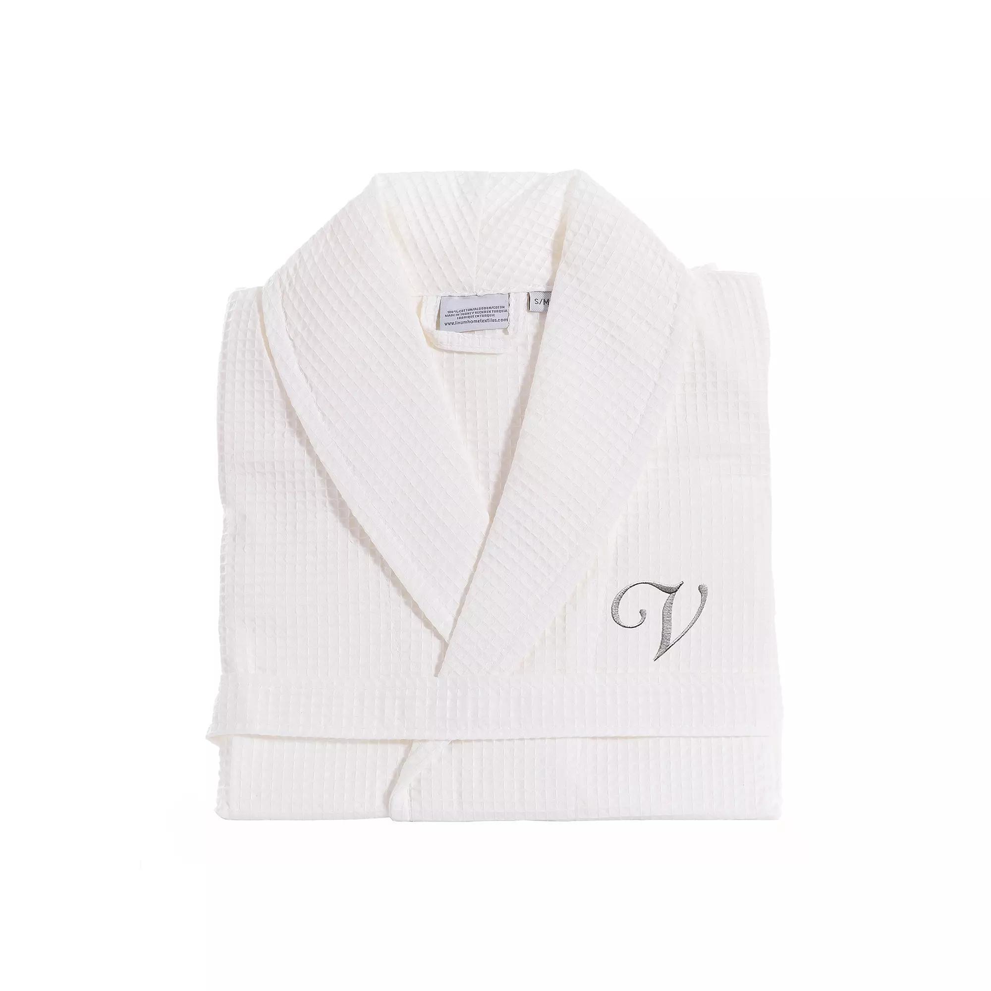 Linum Home Textiles Turkish Cotton Personalized Waffle Weave Bathrobe, Women's, Size: Small/Medium, White Gray J Product Image