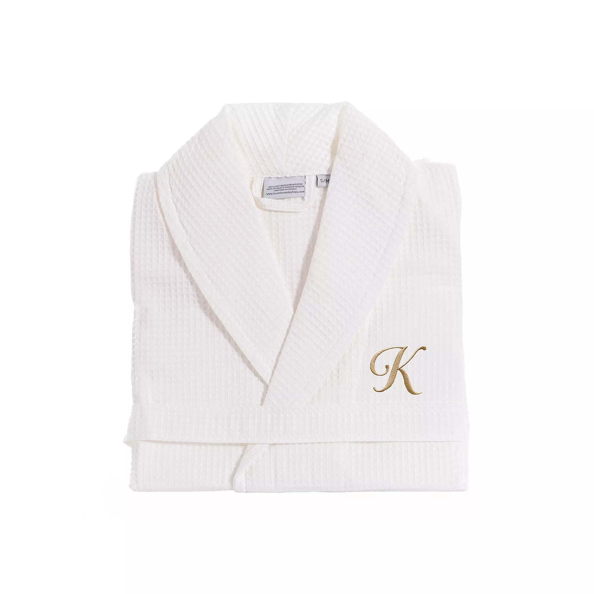 Linum Home Textiles Turkish Cotton Personalized Waffle Weave Bathrobe, Women's, Size: Small/Medium, White Gray W Product Image