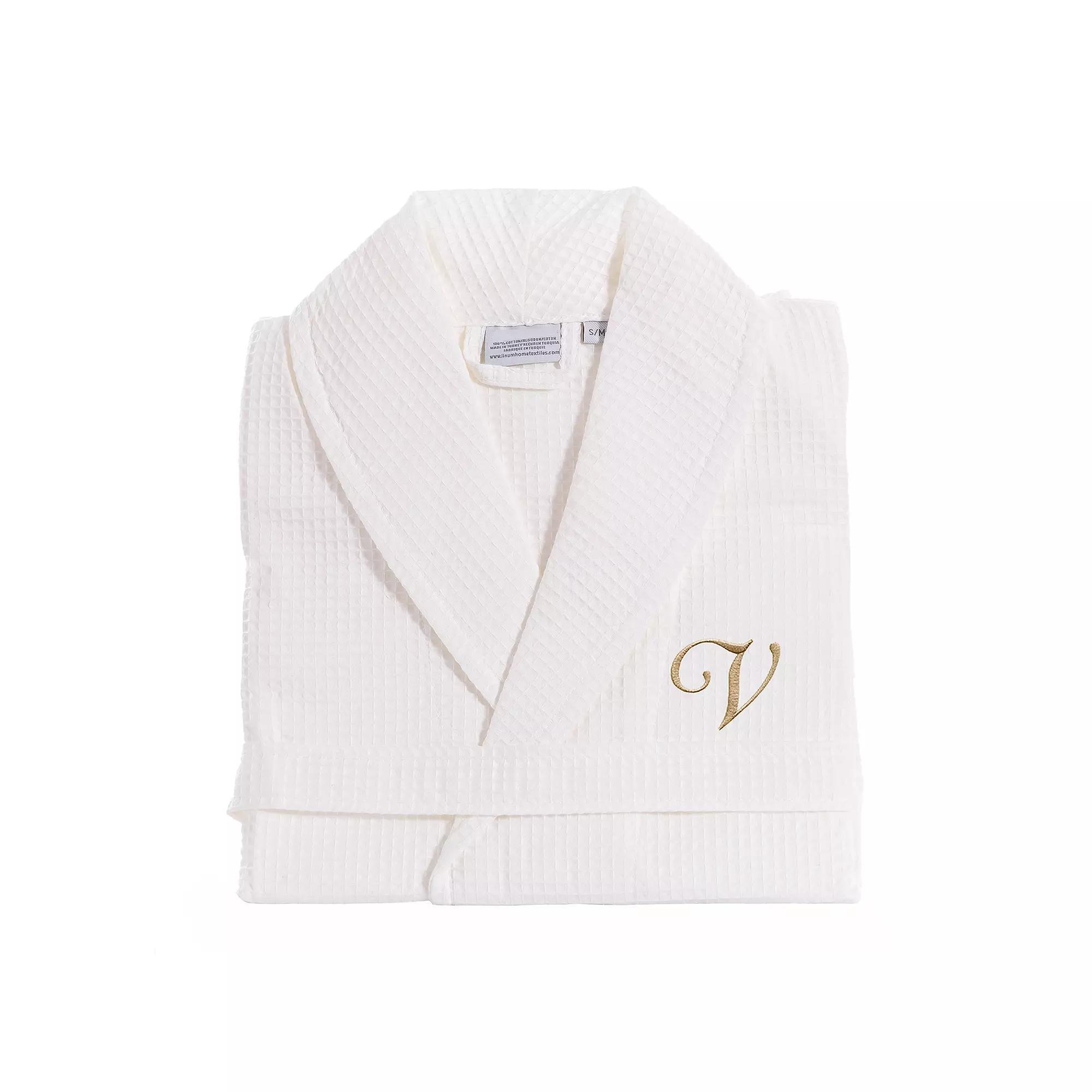 Linum Home Textiles Turkish Cotton Personalized Waffle Weave Bathrobe, Women's, Size: Small/Medium, White Gray J Product Image