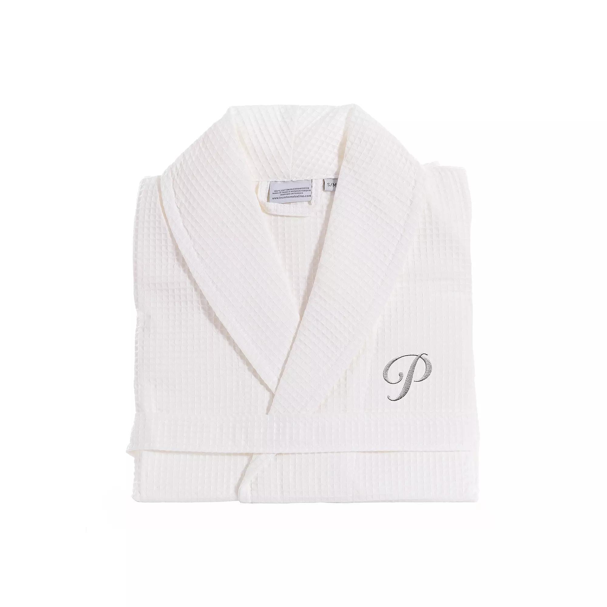 Linum Home Textiles Turkish Cotton Personalized Waffle Weave Bathrobe, Women's, Size: Small/Medium, White Gray J Product Image
