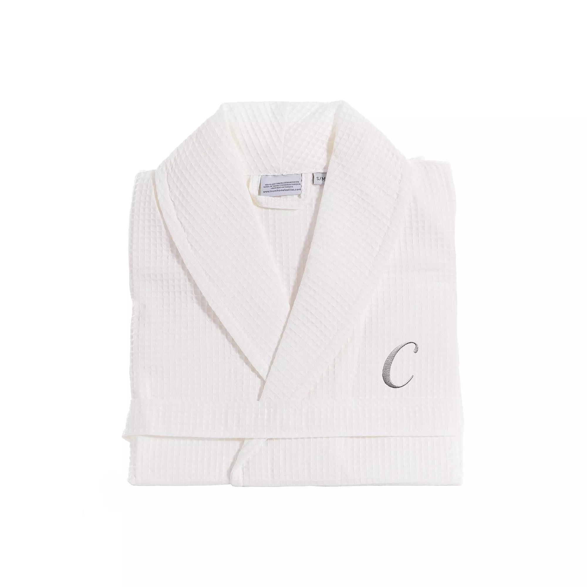Linum Home Textiles Turkish Cotton Personalized Waffle Weave Bathrobe, Women's, Size: Large/XL, White Gray F Product Image