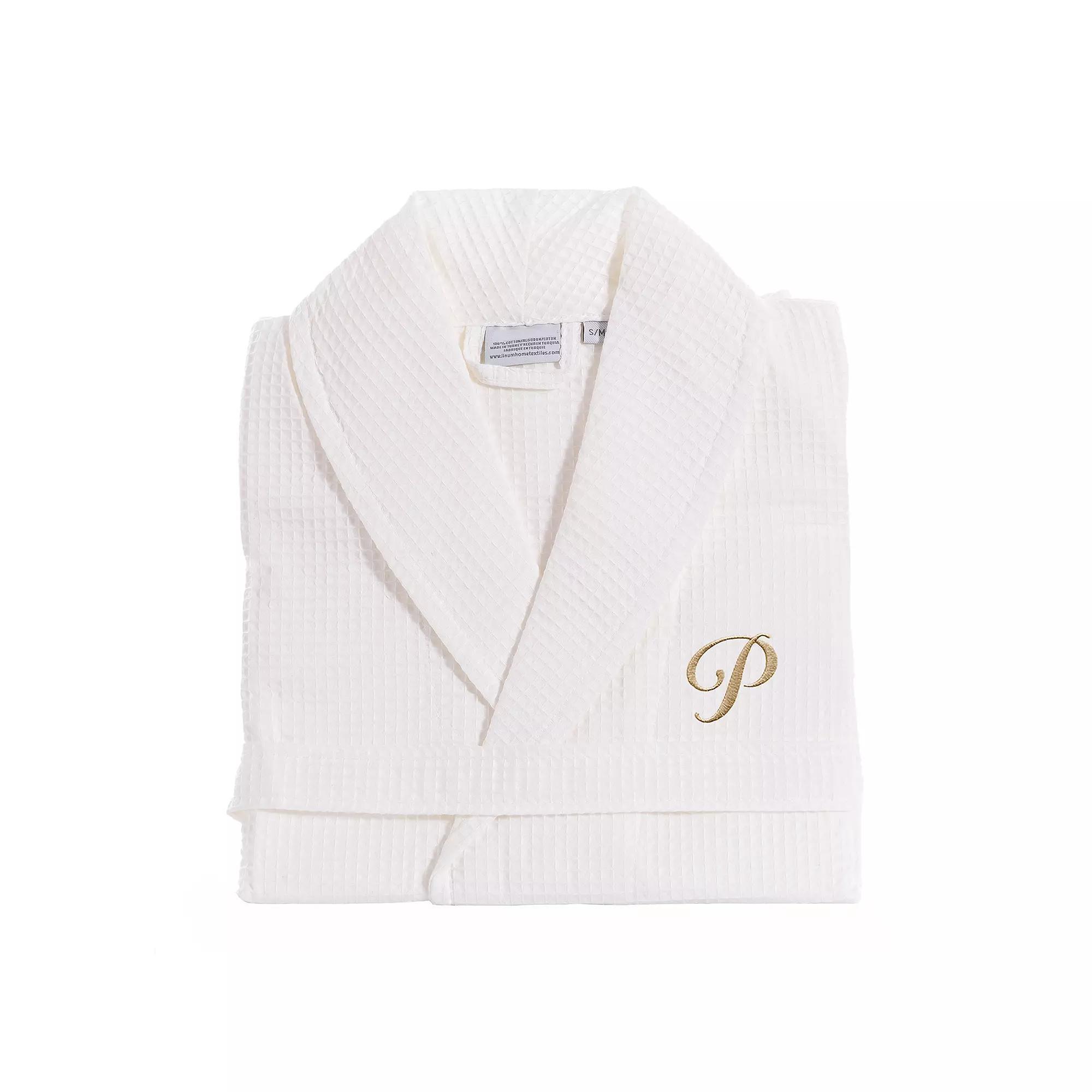Linum Home Textiles Turkish Cotton Personalized Waffle Weave Bathrobe, Women's, Size: Large/XL, White Gray F Product Image