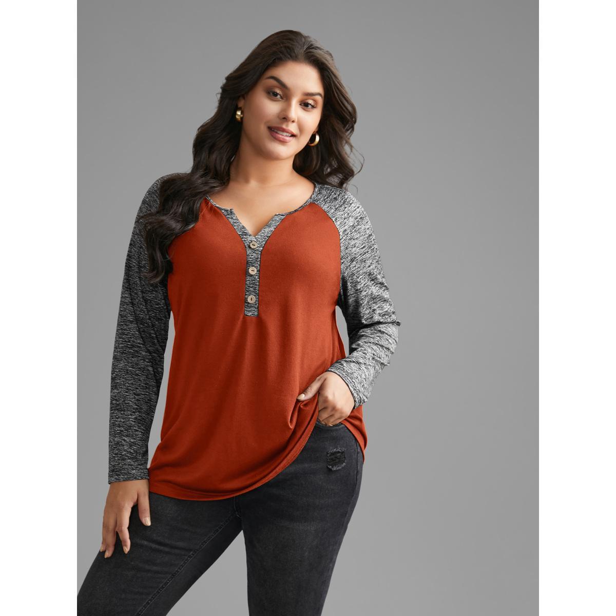 Plus Size Heather Patchwork Button Detail Stretchy T-Shirt Brightorange Women Casual Contrast Flat collar with V-notch Everyday T-shirts BloomChic 18-20/2X Product Image