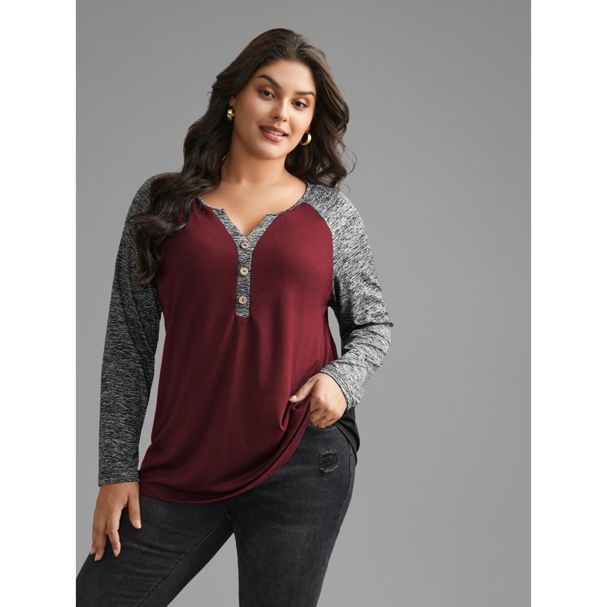 Plus Size Heather Patchwork Button Detail Stretchy T-Shirt Burgundy Women Casual Contrast Flat collar with V-notch Everyday T-shirts BloomChic 12/L Product Image