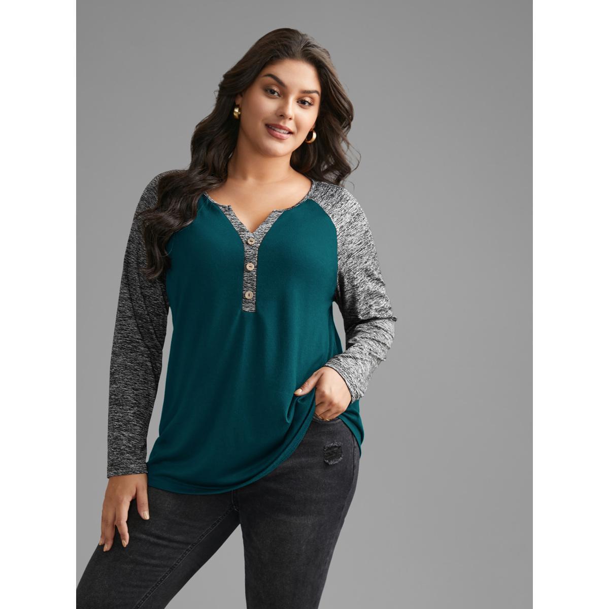 Plus Size Heather Patchwork Button Detail Stretchy T-Shirt Cyan Women Casual Contrast Flat collar with V-notch Everyday T-shirts BloomChic 28/5X Product Image