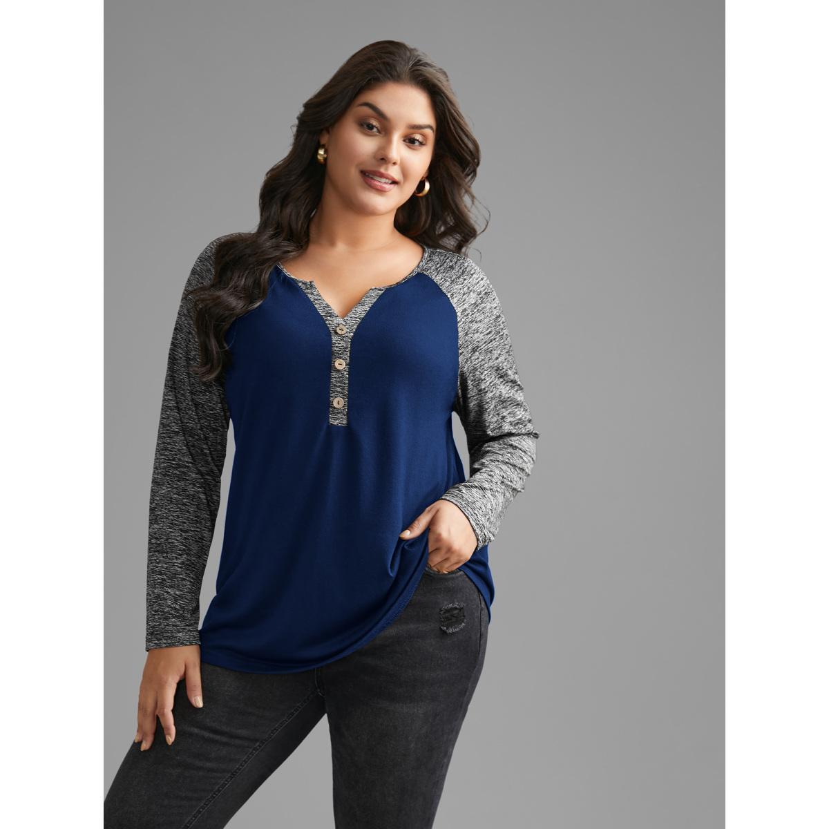 Plus Size Heather Patchwork Button Detail Stretchy T-Shirt DarkBlue Women Casual Contrast Flat collar with V-notch Everyday T-shirts BloomChic 14-16/1X Product Image