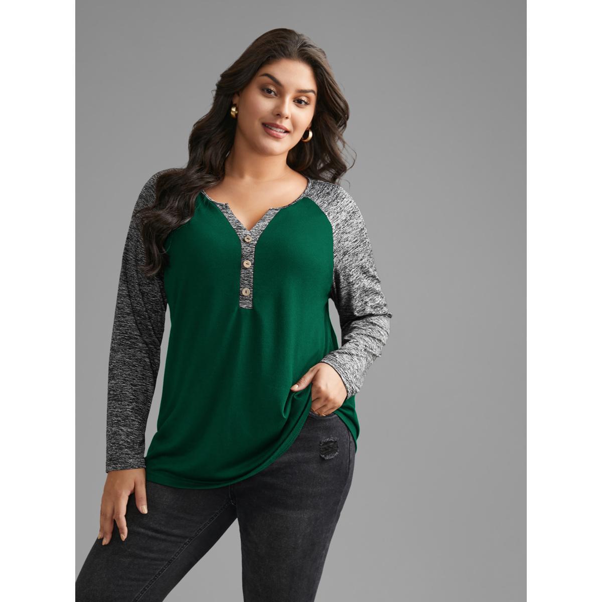 Plus Size Heather Patchwork Button Detail Stretchy T-Shirt DarkGreen Women Casual Contrast Flat collar with V-notch Everyday T-shirts BloomChic 28/5X Product Image