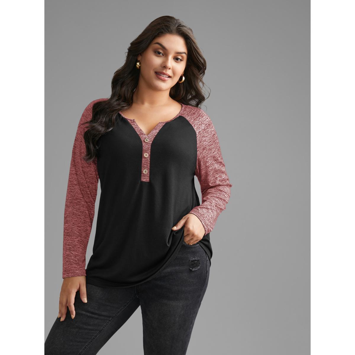 Plus Size Heather Patchwork Button Detail Stretchy T-Shirt Russet Women Casual Contrast Flat collar with V-notch Everyday T-shirts BloomChic 12/L Product Image