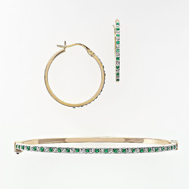 18k Gold Over Silver Emerald and Diamond Accent Bracelet and Earring Set, Women's Product Image