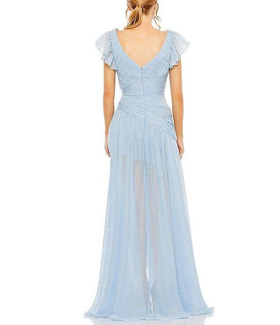 Mac Duggal Chiffon V-Neck Flutter Sleeve Ruffle Asymmetrical Hem Gown Product Image