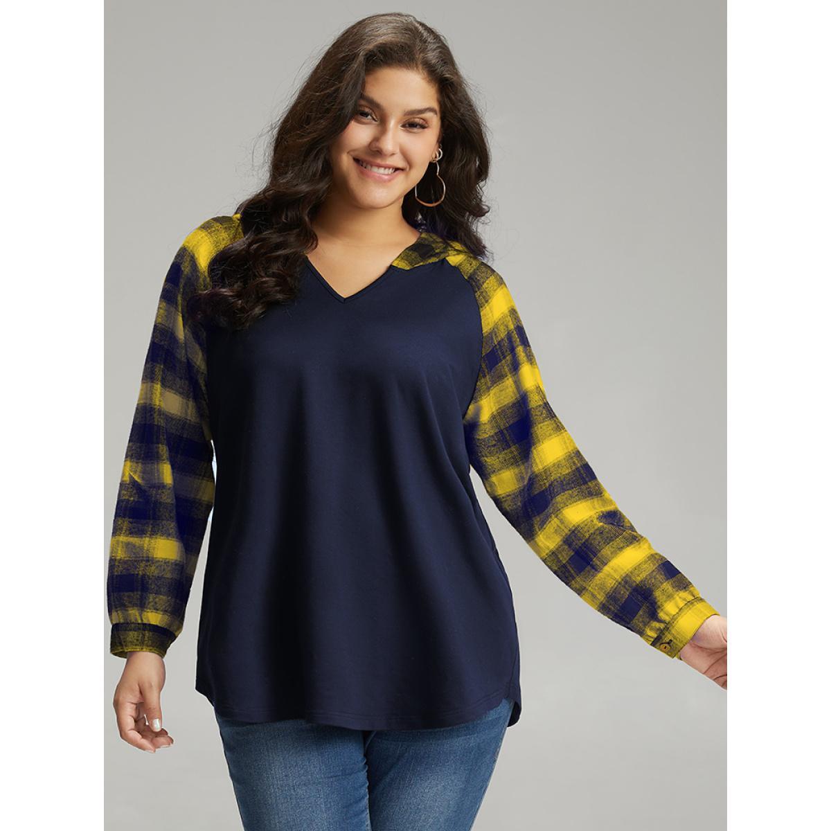 Plus Size Plaid Print Hooded Patchwork Sweatshirt Women Yellow Casual Patchwork Hooded Everyday Sweatshirts BloomChic 30/6X Product Image