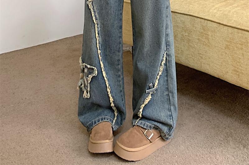 Mid Waist Butterfly Applique Washed Wide Leg Jeans Product Image