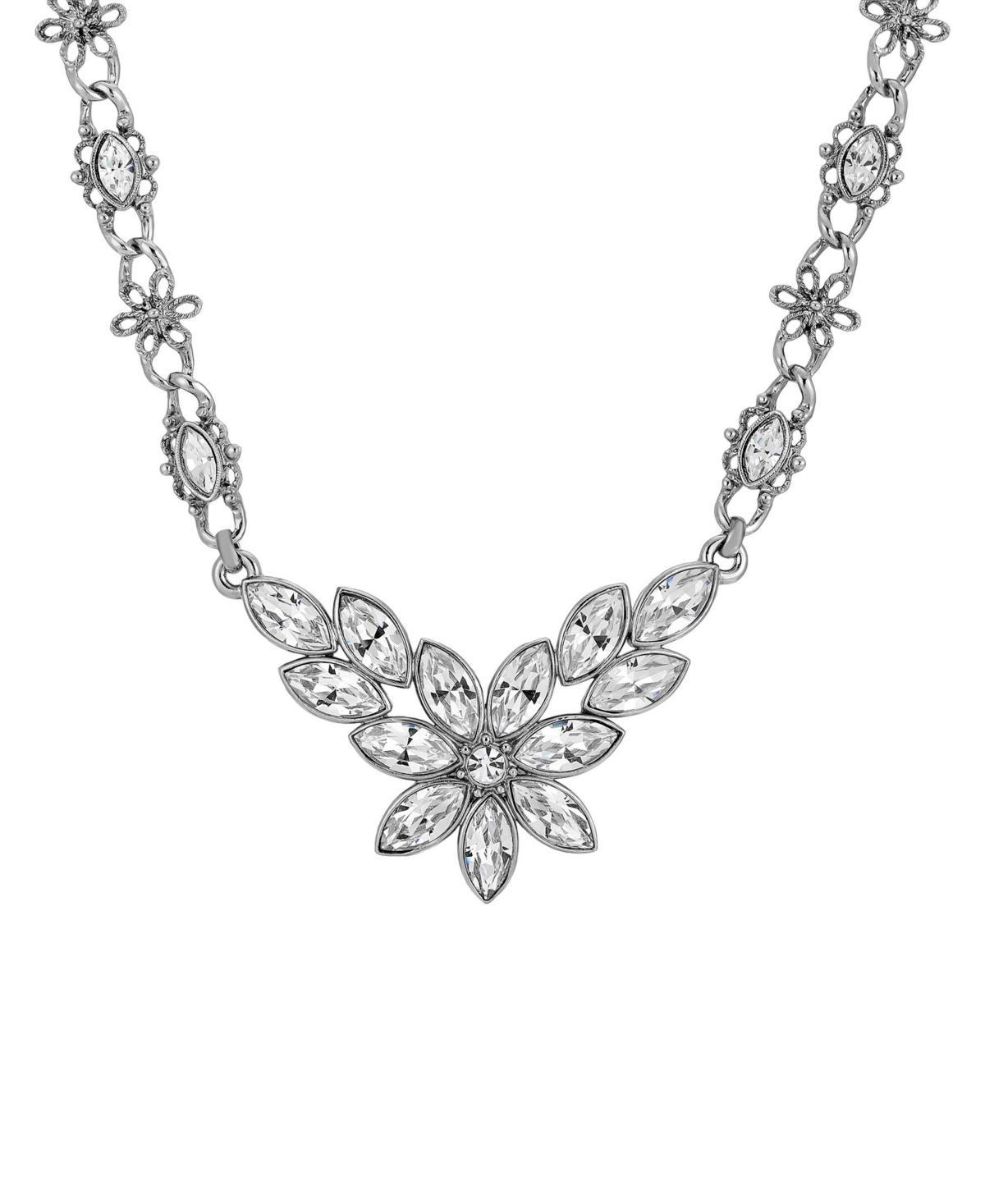 1928 Silver Tone Crystal Flower Statement Necklace, Womens, Clear Product Image