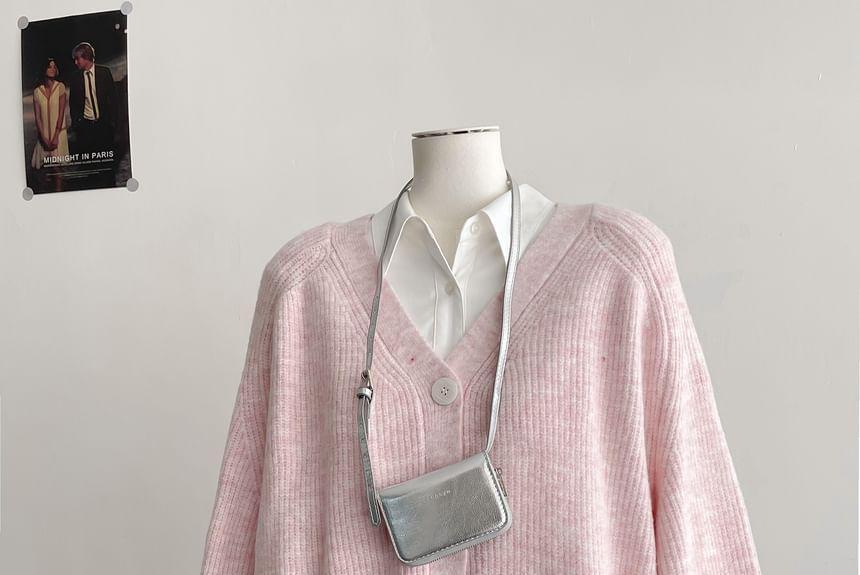 V-Neck Plain Ribbed Cardigan Product Image