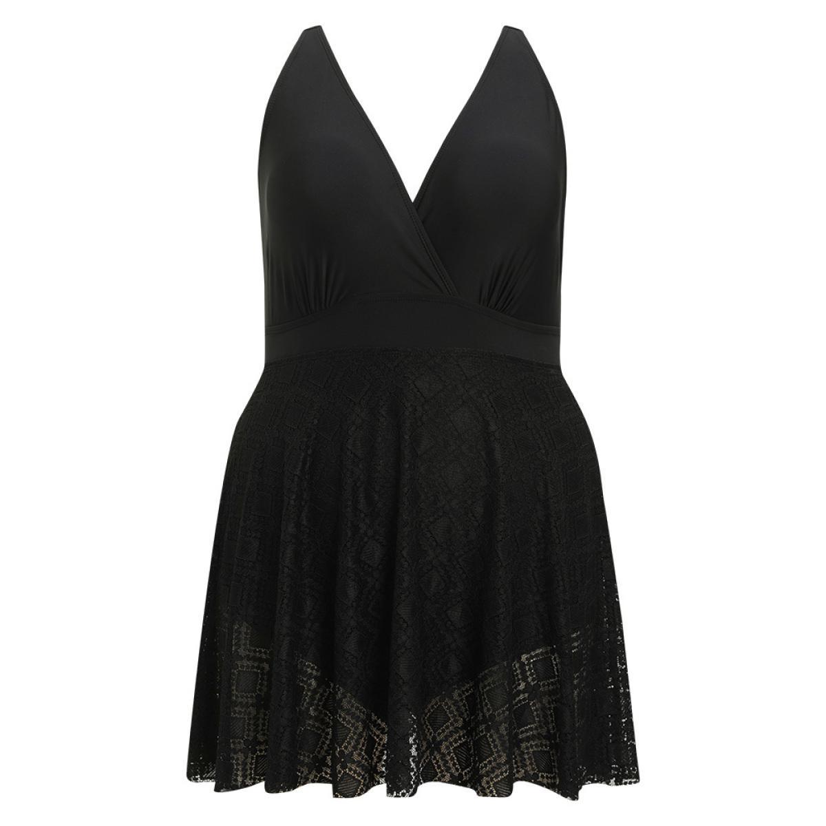 Plus Size Contrast Lace Ruffle Hem Surplice Neck Swim Dress Women's Swimwear Black Vacation Bodycon V-neck High stretch Curve Swim Dresses BloomChic 28/5X Product Image