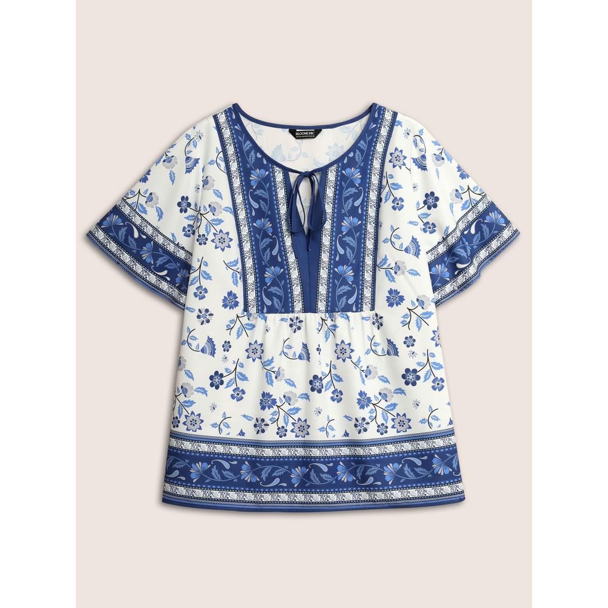 Plus Size Aegean Boho Print Tie Knot Ruffle Sleeve Blouse Women Resort Short sleeve Flat collar with V-notch Vacation Blouses BloomChic 10/M Product Image