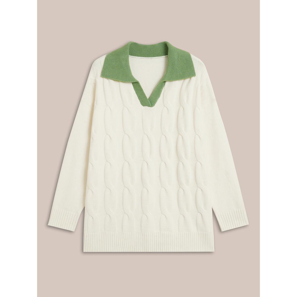 Plus Size Supersoft Essentials Contrast Polo Neck Cable Knit Pullover Beige Women Casual Loose Long Sleeve Polo Everyday Pullovers BloomChic 26/4X Product Image