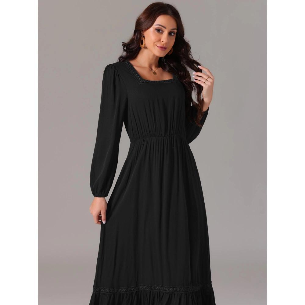Seta T Women's Boho Long Sleeve Square Neck Elastic High Waist A-Line Maxi Dress with Pockets Product Image
