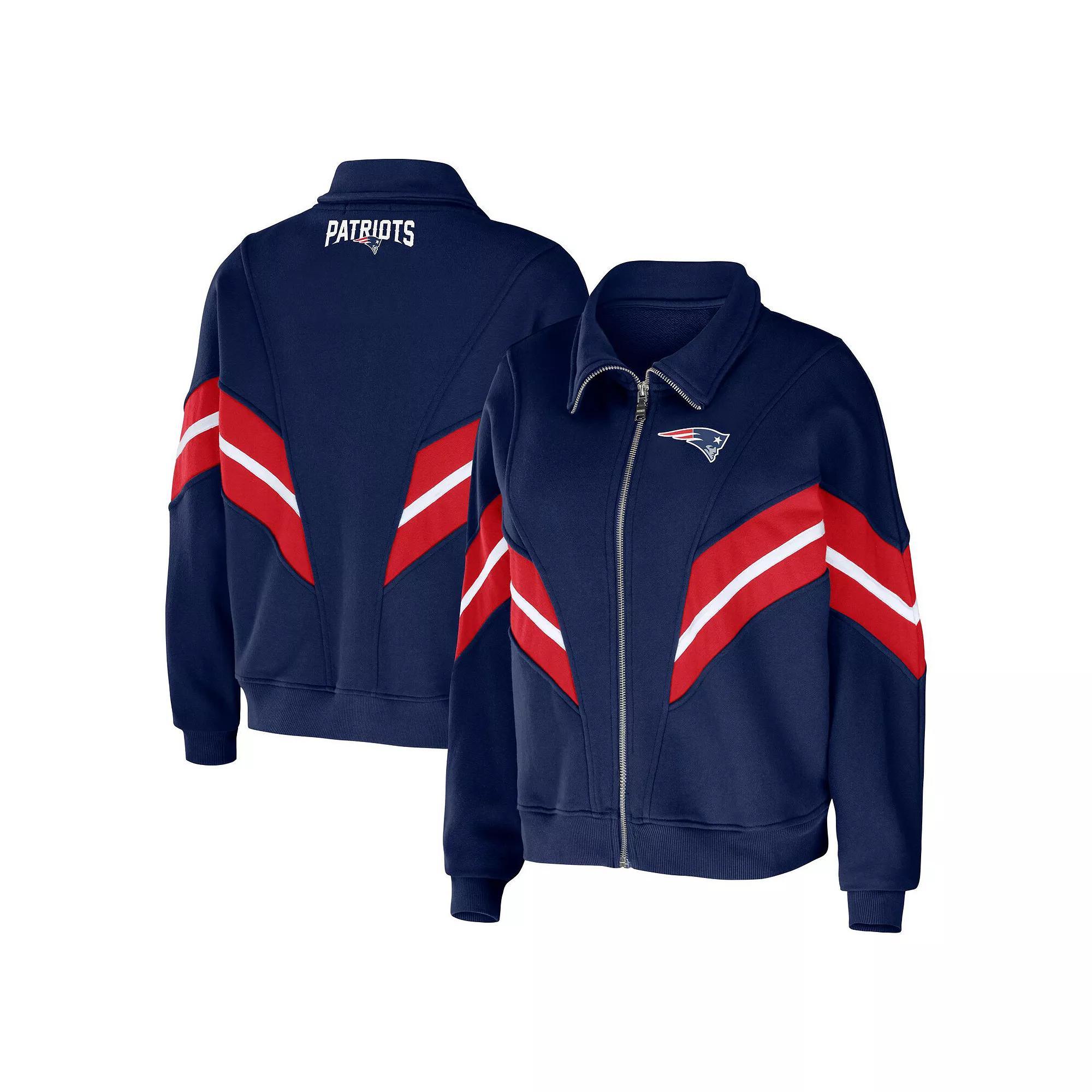 Women's WEAR by Erin Andrews Navy New England Patriots Plus Size Yarn Dye Stripe Full-Zip Jacket, Size: 3XL, Blue Product Image