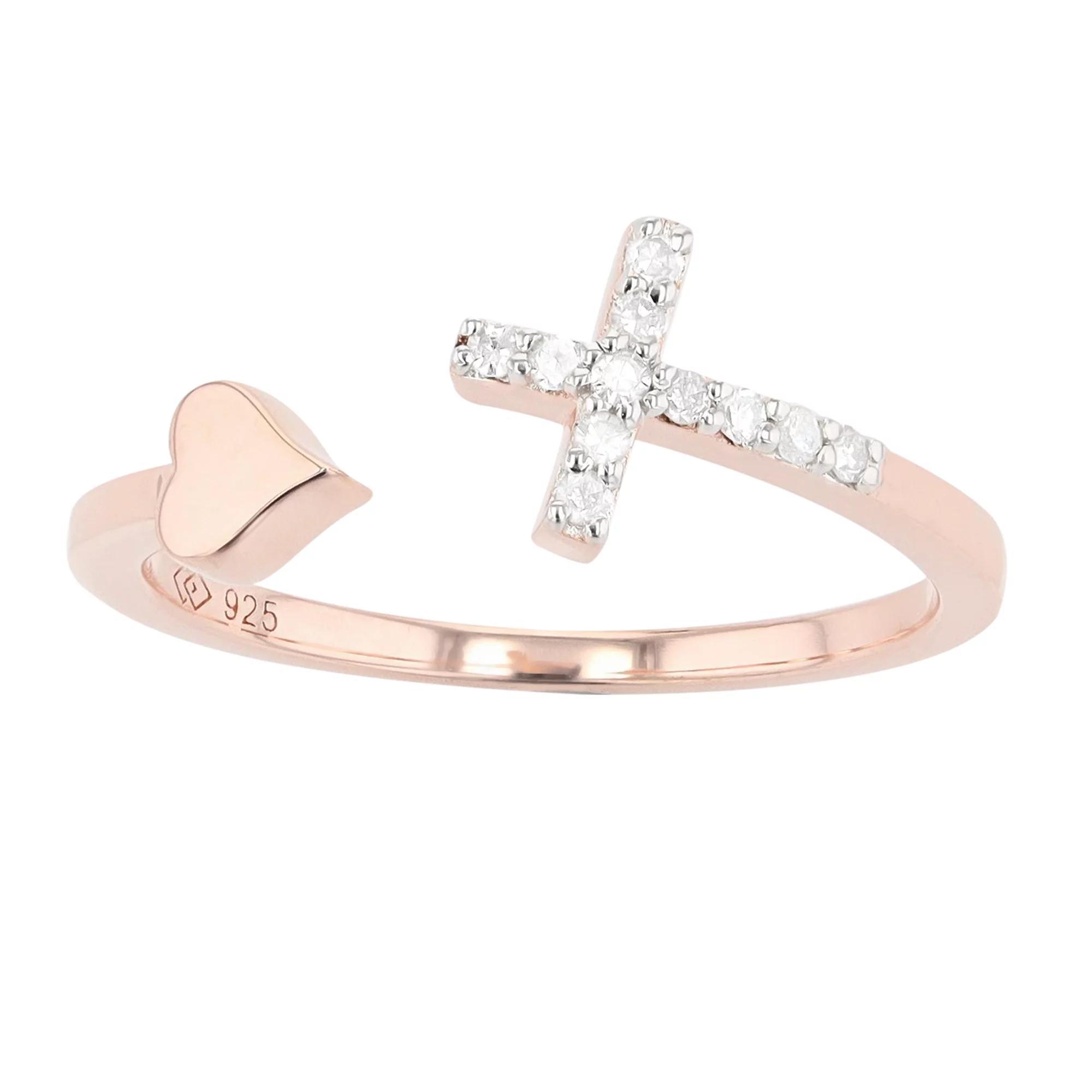 Sterling Silver 1/10 Carat T.W. Diamond Cross & Heart Ring, Women's, Size: 7, Pink Product Image