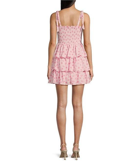 Midnight Doll Wool Dobby Print Square Neck Spaghetti Strap Tie Strap Tiered Dress Product Image