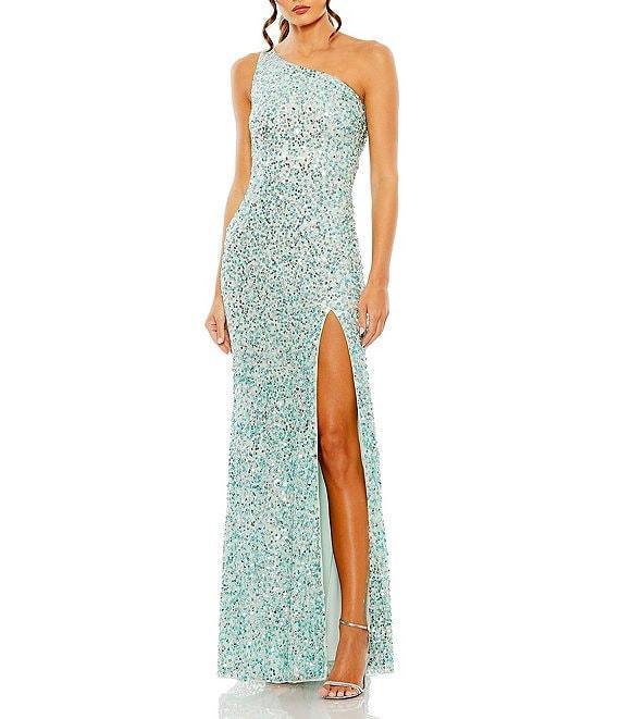 Mac Duggal One Shoulder Front Slit Sequin Column Gown Product Image