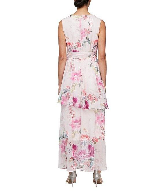 Ignite Evenings Surplice Neck Sleeveless Tiered Skirt Tie Tash Belt High Low Hemline Chiffon Dress Product Image