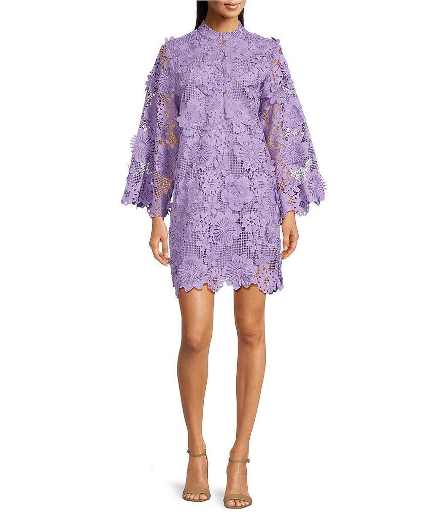 J.Marie Seraphina Floral 3D Lace Split Round Button Up Neck Long Sleeve Shift Dress Product Image
