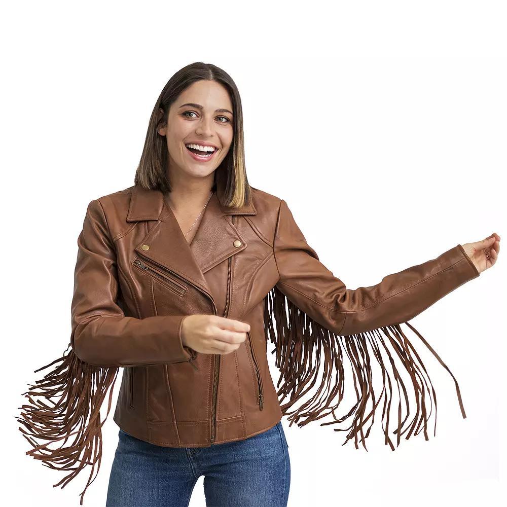 Plus Size Whet Blu Daisy Fringed Asymmetrical Moto Leather Jacket, Women's, Size: 4XL, Red Product Image