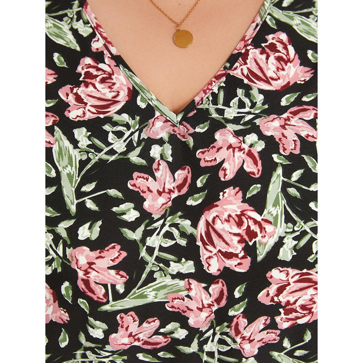 Plus Size Floral Print V Neck Elastic Waist Lantern Sleeve Bodysuit Women BlackFlower Natural Flowers Printed Bodysuits BloomChic 10/M Product Image