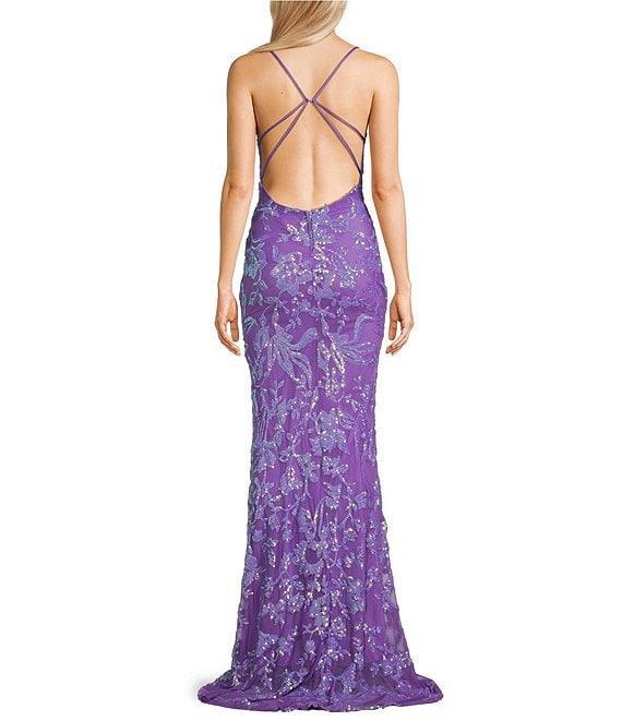 B. Darlin Sequin Pattern V-Neck Spaghetti Strap Lace Up Back Dress Product Image