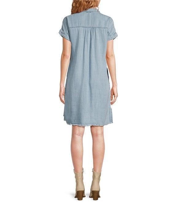 Reba V-Neck Short Cap Sleeve Frayed Hem Chambray Shift Dress Product Image