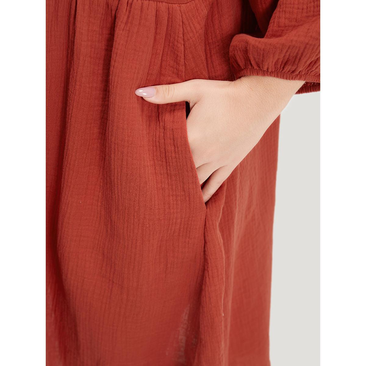 Plus Size Plain Pocket Pleated Ties Elastic Cuffs Dress Coral Women Vacation Elastic cuffs V-neck Elbow-length sleeve Curvy Midi Dress BloomChic 30/6X Product Image