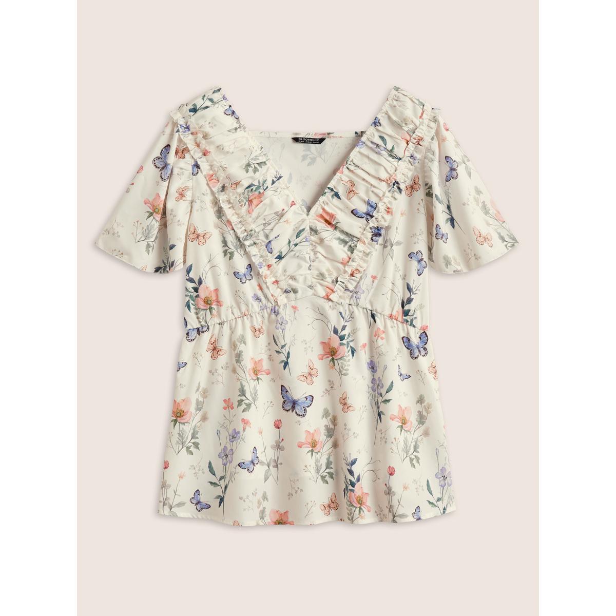 Plus Size Beige Butterfly Ruffles Elastic Waist Ruched Blouse Women Elegant Short sleeve V-neck Everyday Blouses BloomChic 18-20/2X Product Image