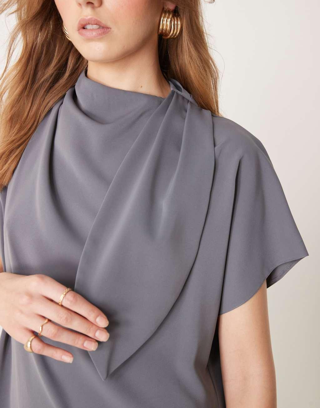 ASOS DESIGN slinky mini dress with neck tie detail in blue gray Product Image