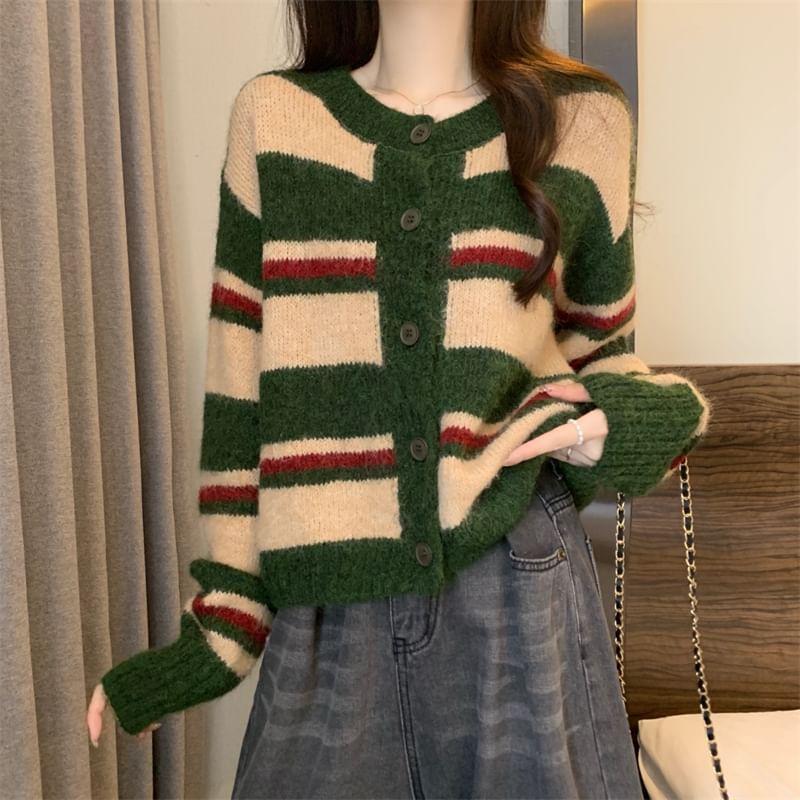 Crewneck Striped Button-Up Cardigan Product Image