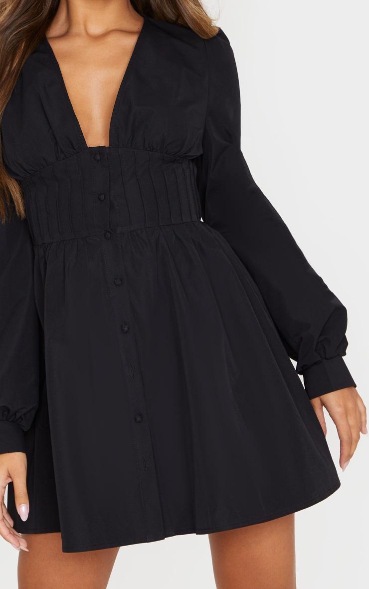 Black Button Front Fitted Puff Sleeve Skater Dress Product Image