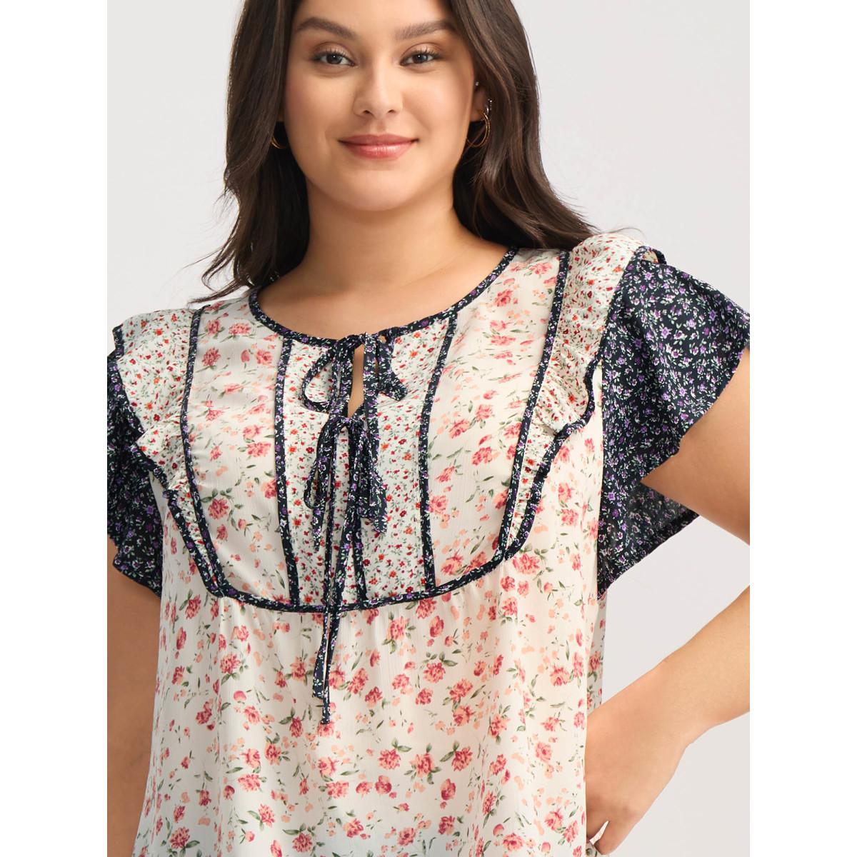 Plus Size Multicolor Floral Panel Ruffled Sleeve Blouse Women Cap Sleeve Notched collar Everyday-Elegant Blouses BloomChic 26/4X Product Image