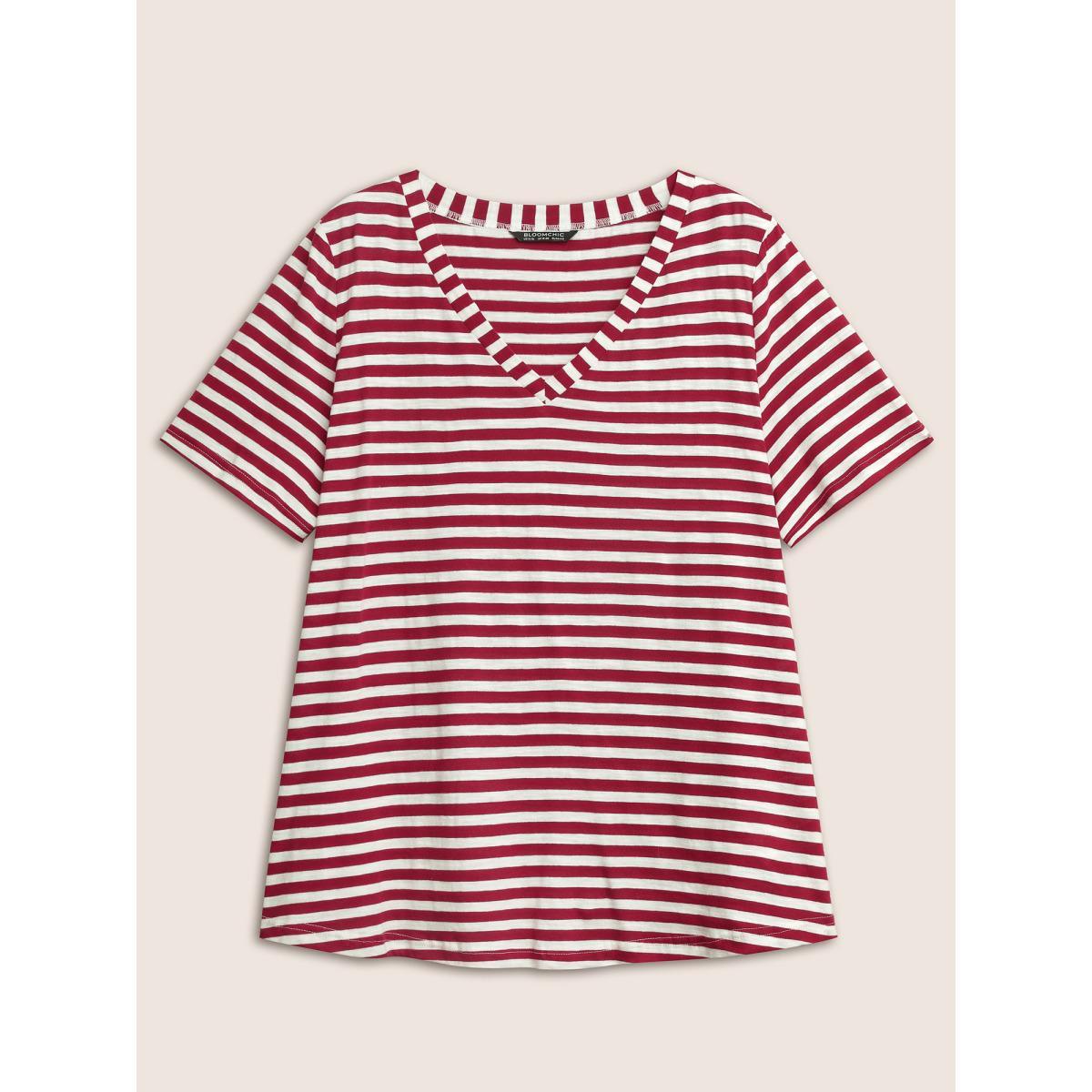 Plus Size Cotton Contrast Striped V Neck T-shirt Scarlet Women Casual Contrast Striped V-neck Everyday T-shirts BloomChic 26/4X Product Image