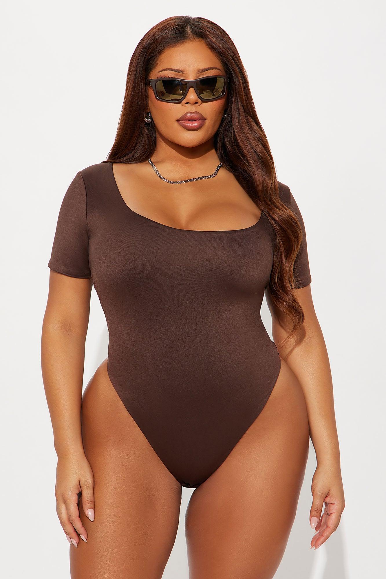 Contour Double Lined Short Sleeve Scoop Neck Bodysuit - Chocolate Product Image