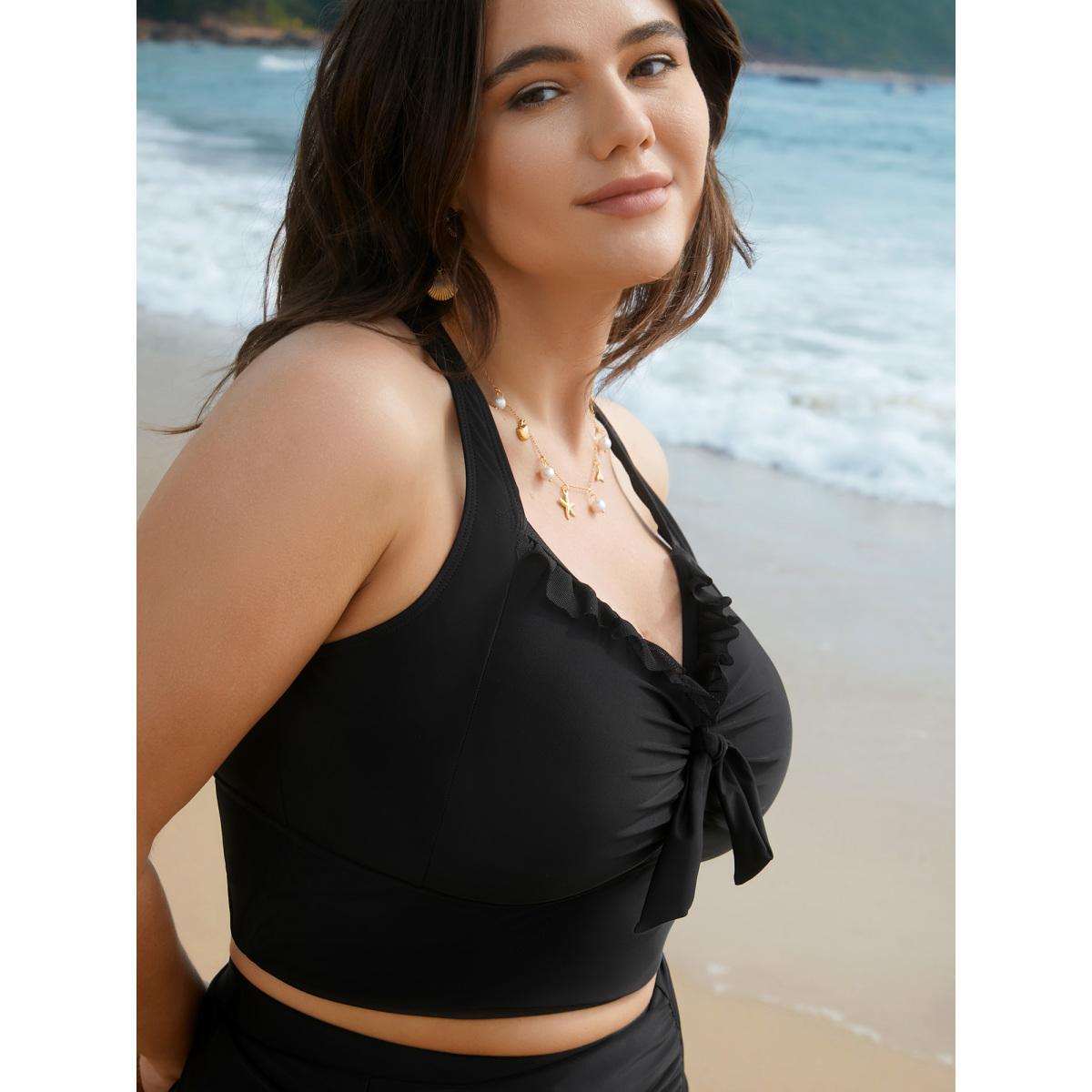 Plus Size Bust Knot-Tie Ruffle Trim Supportive Swim Top Women's Swimwear Black Beach Knotted High stretch Skinny Heart neckline Curve Swim Tops BloomChic 28/5X Product Image